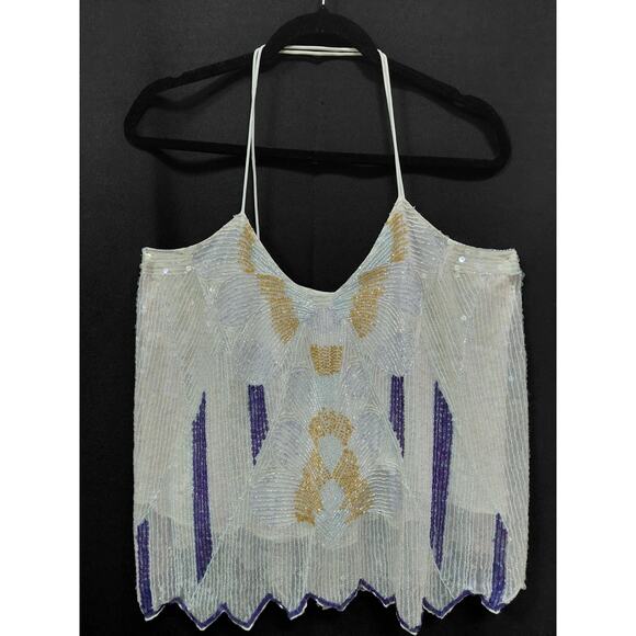 Free People Tops - Free People Sequin Beaded Halter Top White Nylon Sleeveless Women Size L